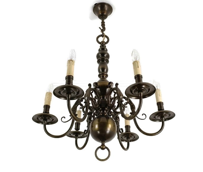Flemish Dutch Chandelier 6 Arms Lights Brass  Htf Vintage Barn Farmhouse Style