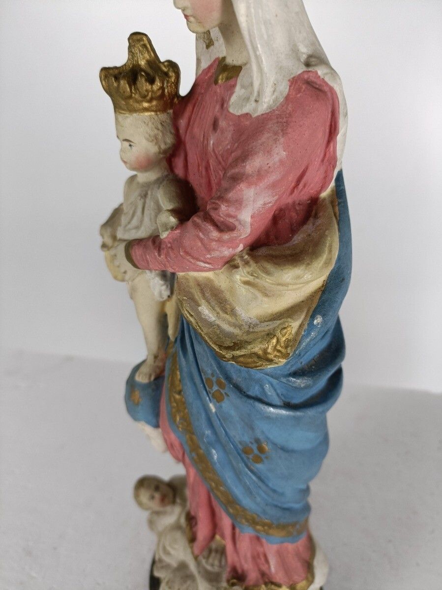 Antique Neo Gothic Statue Plaster Polychrome Our Lady Of Victory With Infant Jes photo Art