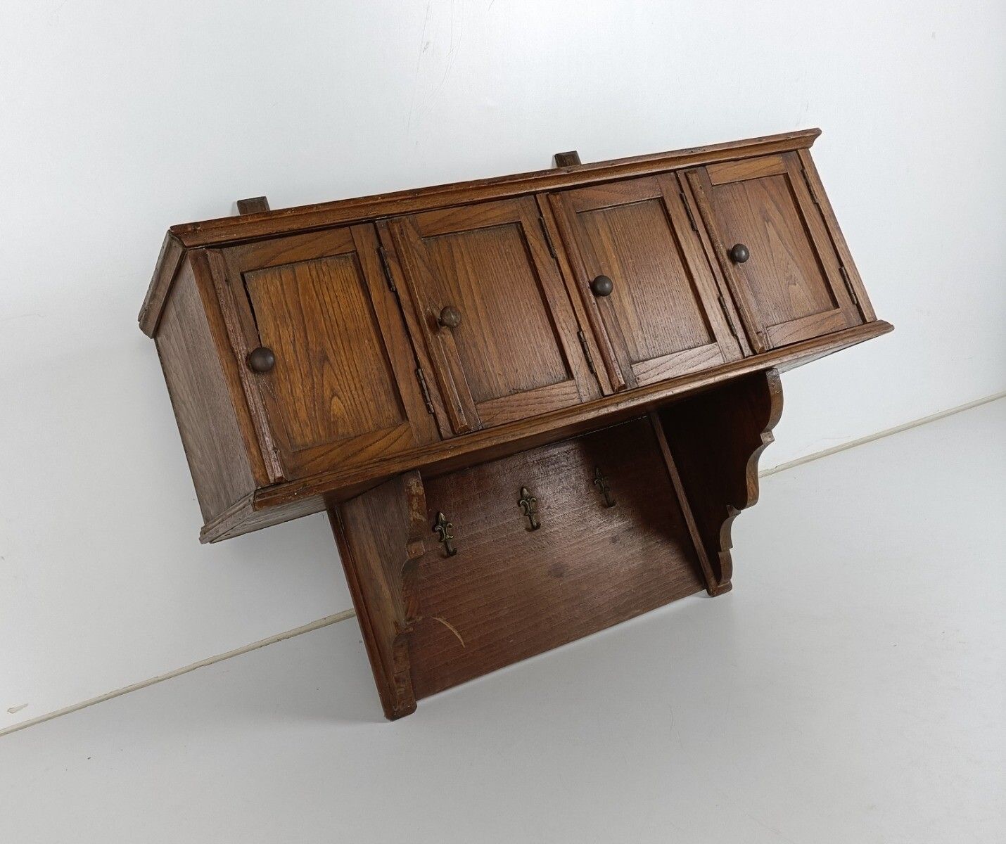 Large Wall Cabinet Console Coat Hat Rack Carved Wood French Fleur De Lis Hooks V photo for sale