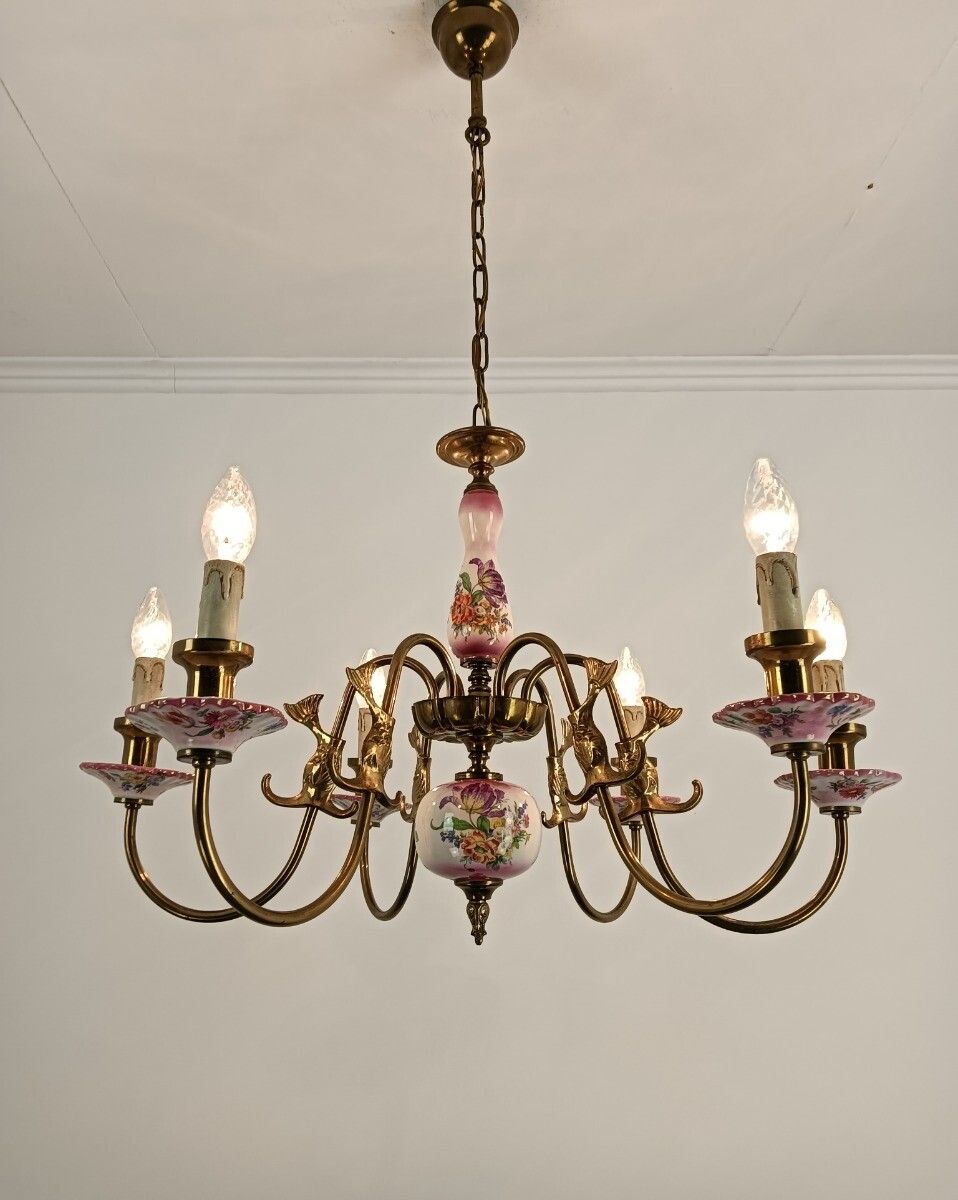 Chandelier Italy Pink Flowers Fish 6 Lights Vintage Beautiful Brass Farmhouse St photo furniture