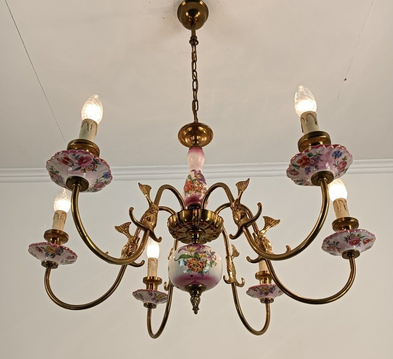 Chandelier Italy Pink Flowers Fish 6 Lights Vintage Beautiful Brass Farmhouse St photo vintage