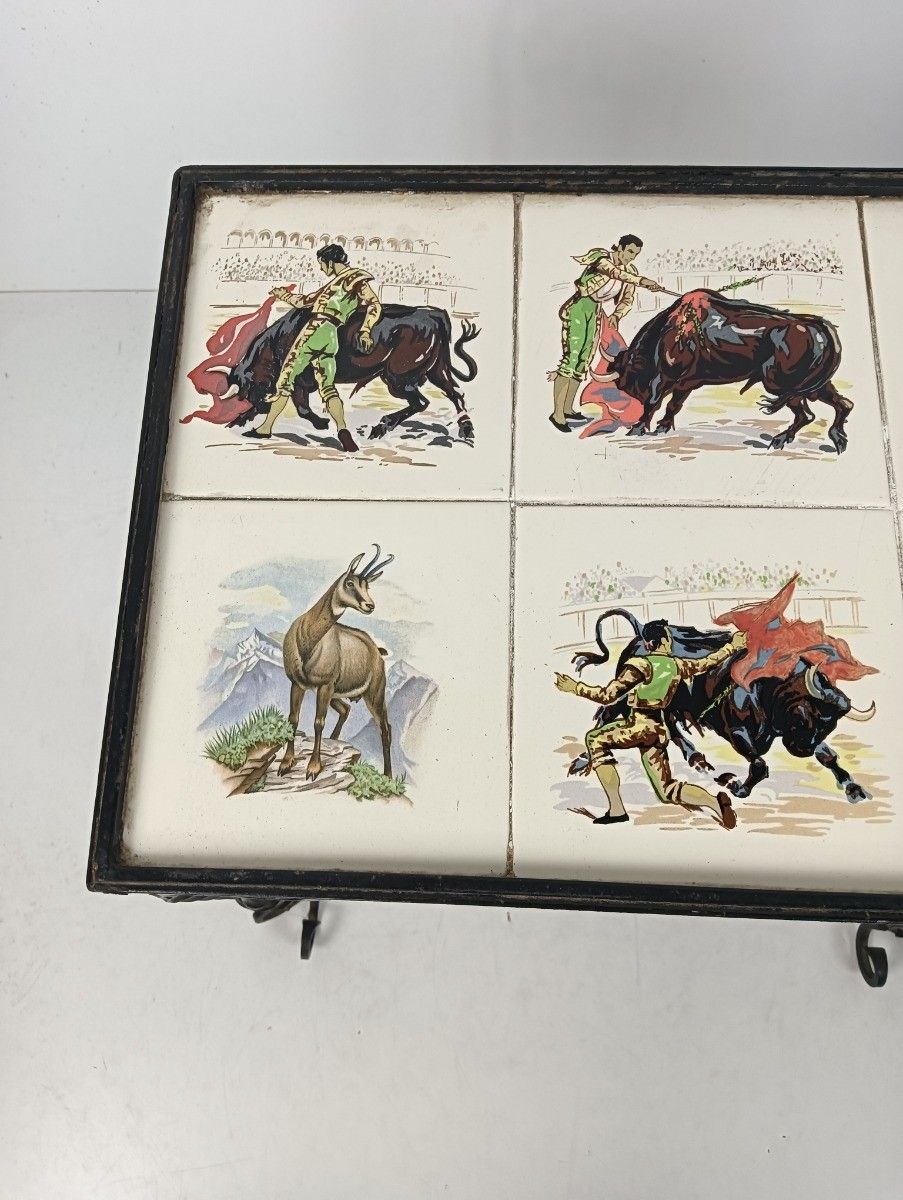 Vintage Side Table Plant Stand Mosaic Tiles Wrought Iron Bull Fighting Retro photo Furniture