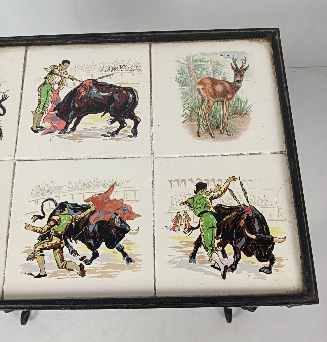 Vintage Side Table Plant Stand Mosaic Tiles Wrought Iron Bull Fighting Retro photo 155.0