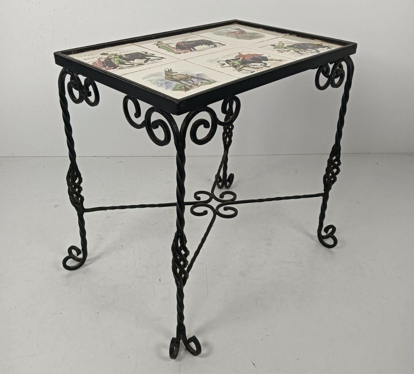 Vintage Side Table Plant Stand Mosaic Tiles Wrought Iron Bull Fighting Retro photo vinterior