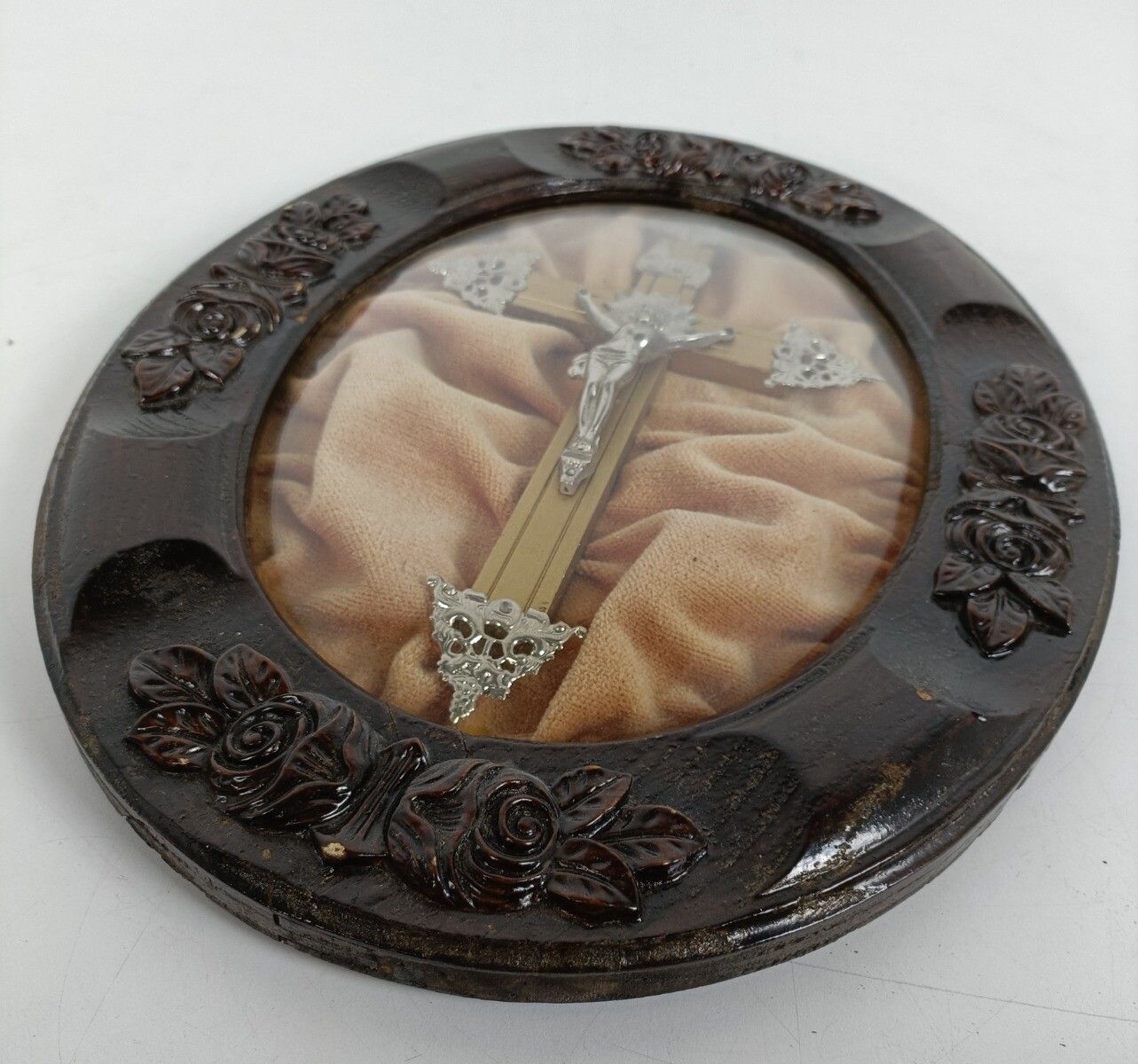 photo for sale Antique Oval Ornate Wooden Frame Convex Glass Dome Crucifix Cross Golgotha