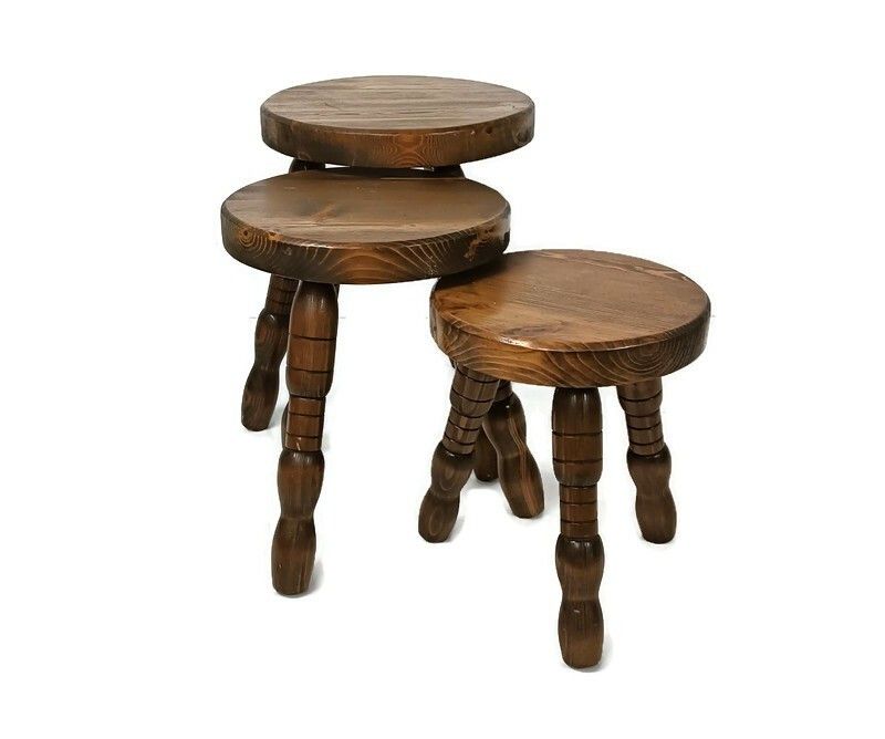 Set Of 3 Milking Stools Pedestals Carved Wood Matching Set Side Tables Vintage B