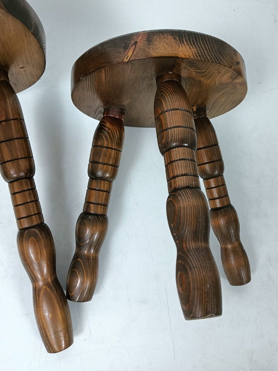 Set Of 3 Milking Stools Pedestals Carved Wood Matching Set Side Tables Vintage B photo for sale