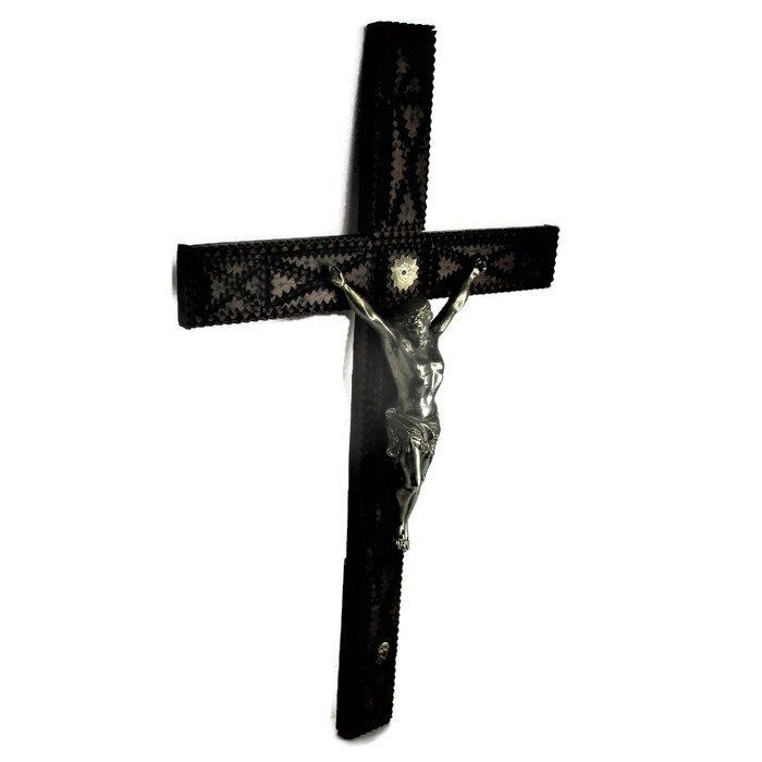 Large Tramp Trench Tramp Folk Art Hanging Hand Carved Wooden Crucifix Spelter