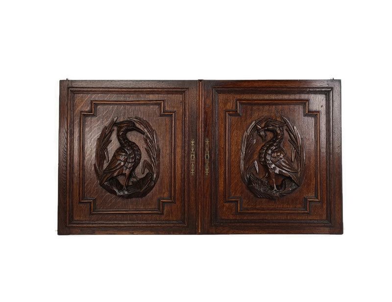 Pair Antique French Hand Carved Wood Oak Door Panels Reclaimed Architectural Her
