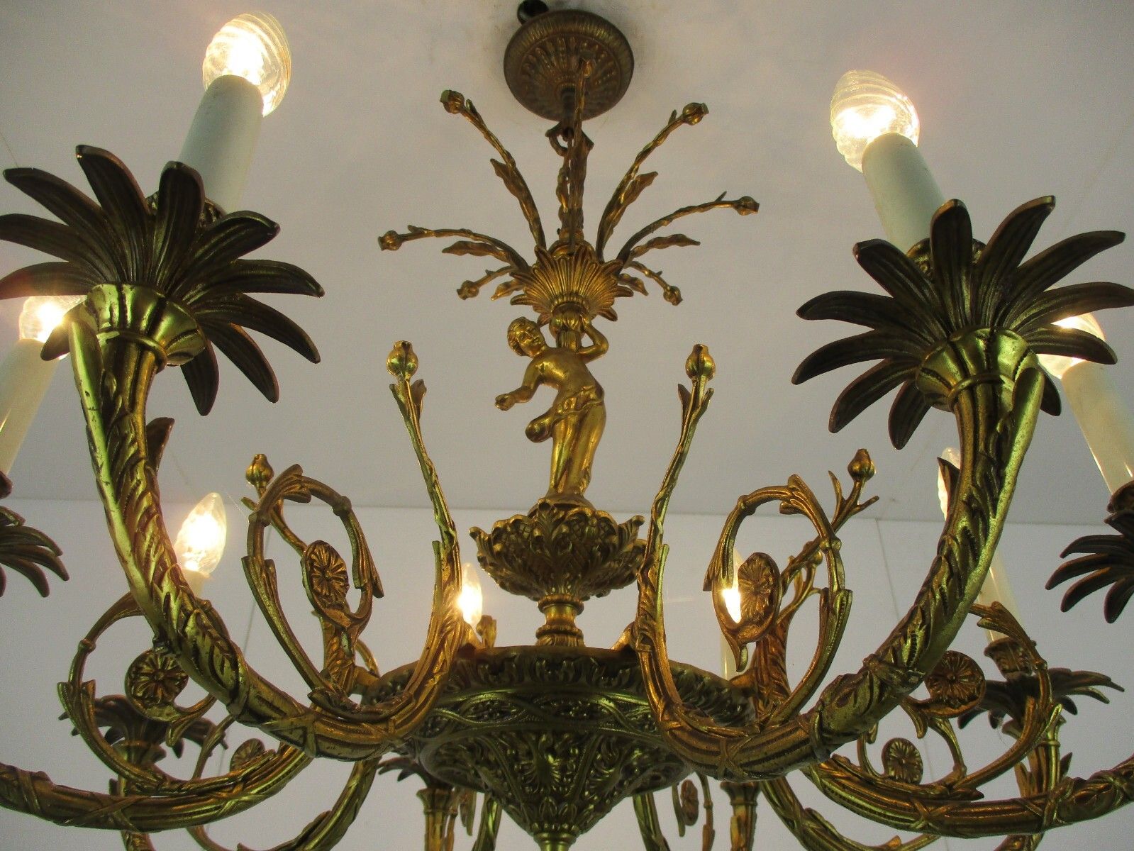 French Gilded Bronze Chandelier Impressive Art Nouveau Putti 6 Lights H Regency photo vinterior