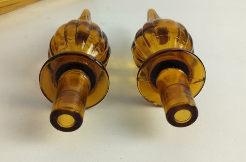 Pair Vintage Art Glass Amber Brown Empoli Bottles Italian Decorative Retro photo vintage