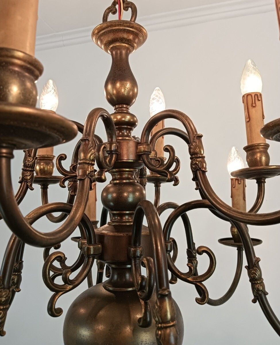 Flemish Dutch  Chandelier 12 Arms Lights Brass Gorgeous Htf Vintage Two Tier Vin photo vinterior