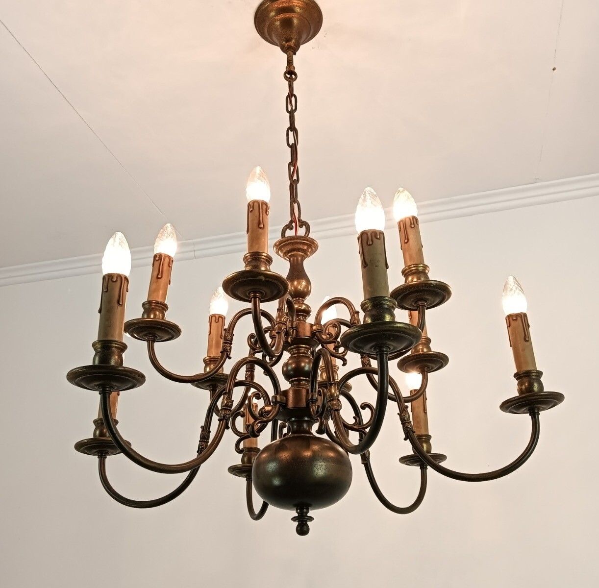 photo for sale Flemish Dutch  Chandelier 12 Arms Lights Brass Gorgeous Htf Vintage Two Tier Vin