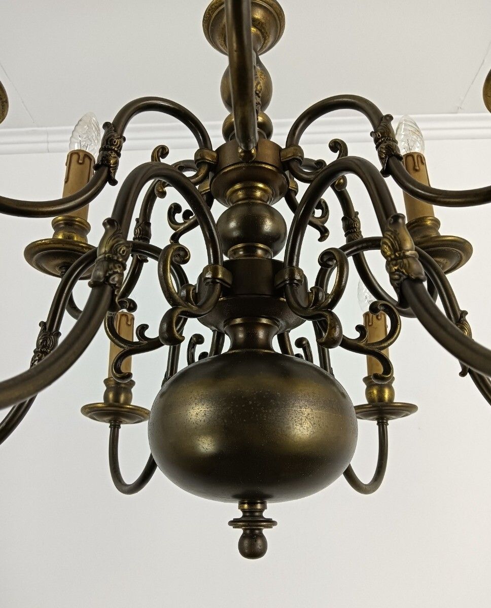 487.0 Flemish Dutch  Chandelier 12 Arms Lights Brass Gorgeous Htf Vintage Two Tier Vin photo