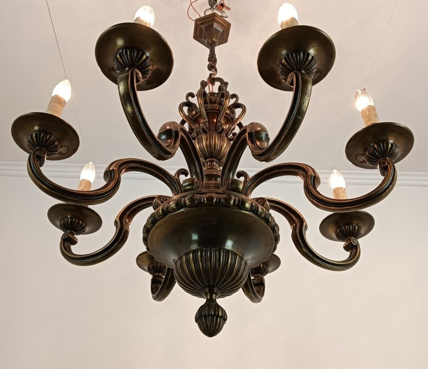 Impressive Bronze Chandelier Flemish Dutch Style Heavy 8 Lights Extremely Rare photo buy