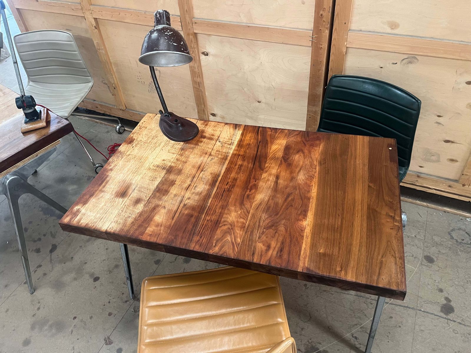 photo for sale 1950s James Leonard Compass Leg Desk With Reclaimed Oak Top