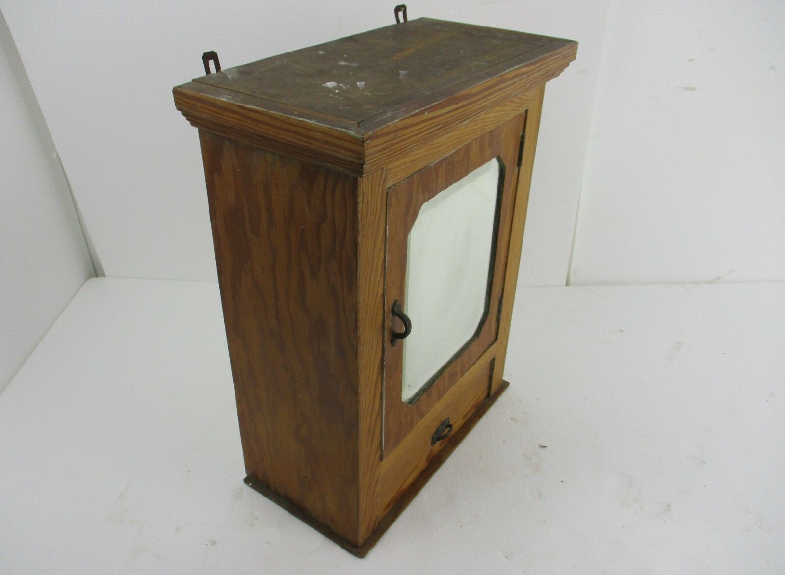 Large Kitchen Medicine Apothecary Bathroom Cabinet Beveled Glass Pine Wood photo vintage