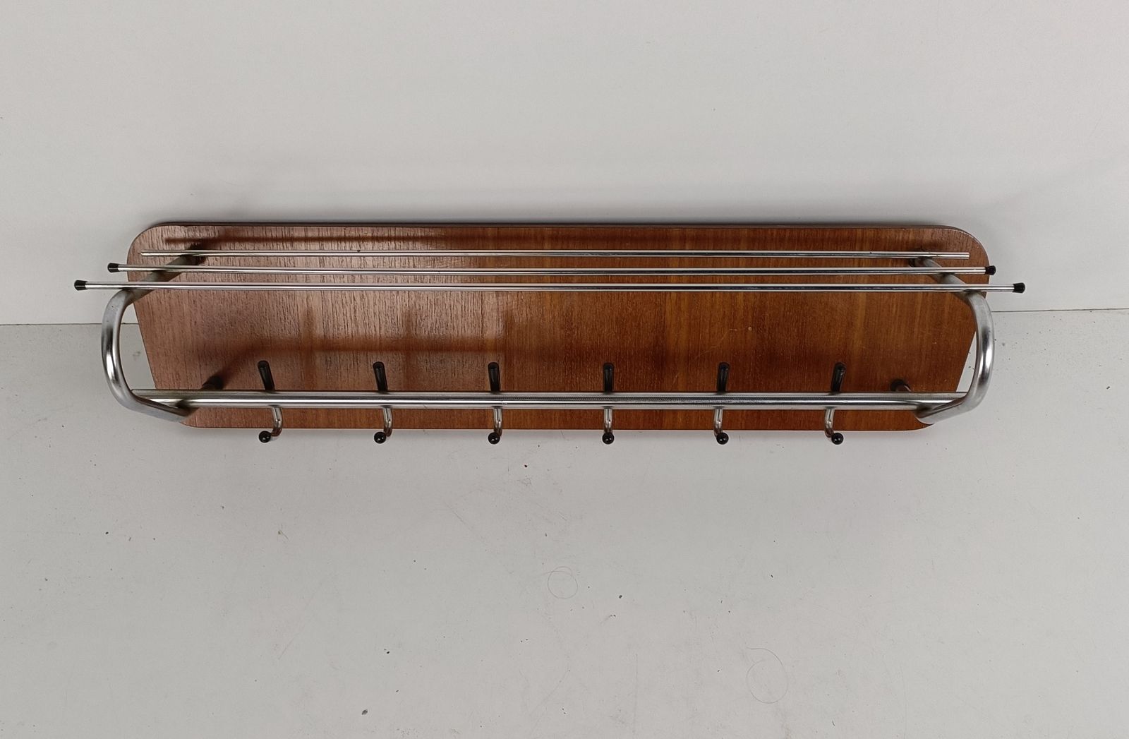 photo for sale Vintage Mid Century Chrome Wood Coat Hat Rack Railroad Pop Art  Modernist Funky