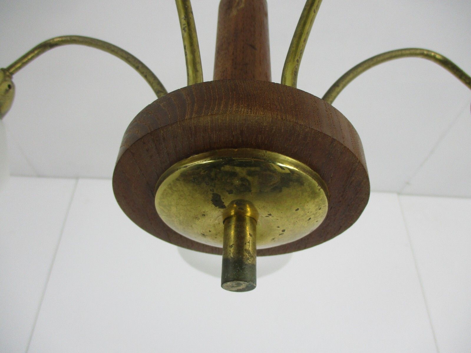 Mid Century Spider Chandelier 5 Lights Arms Wood Brass Glass Shades Pop Art photo buy