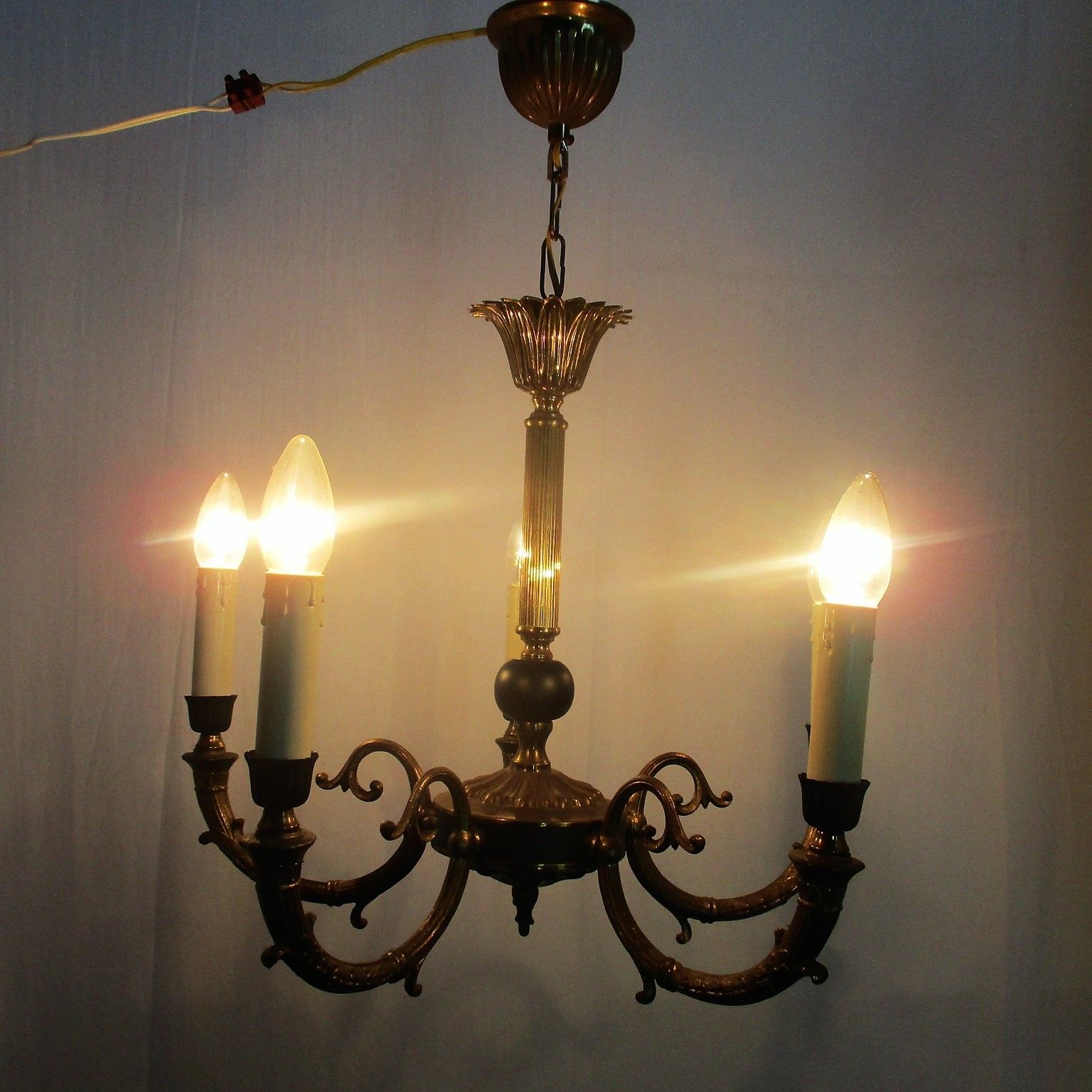 French Empire Pan Chandelier Green Wood Tole Brass 5 Arms Hollywood Regency photo furniture