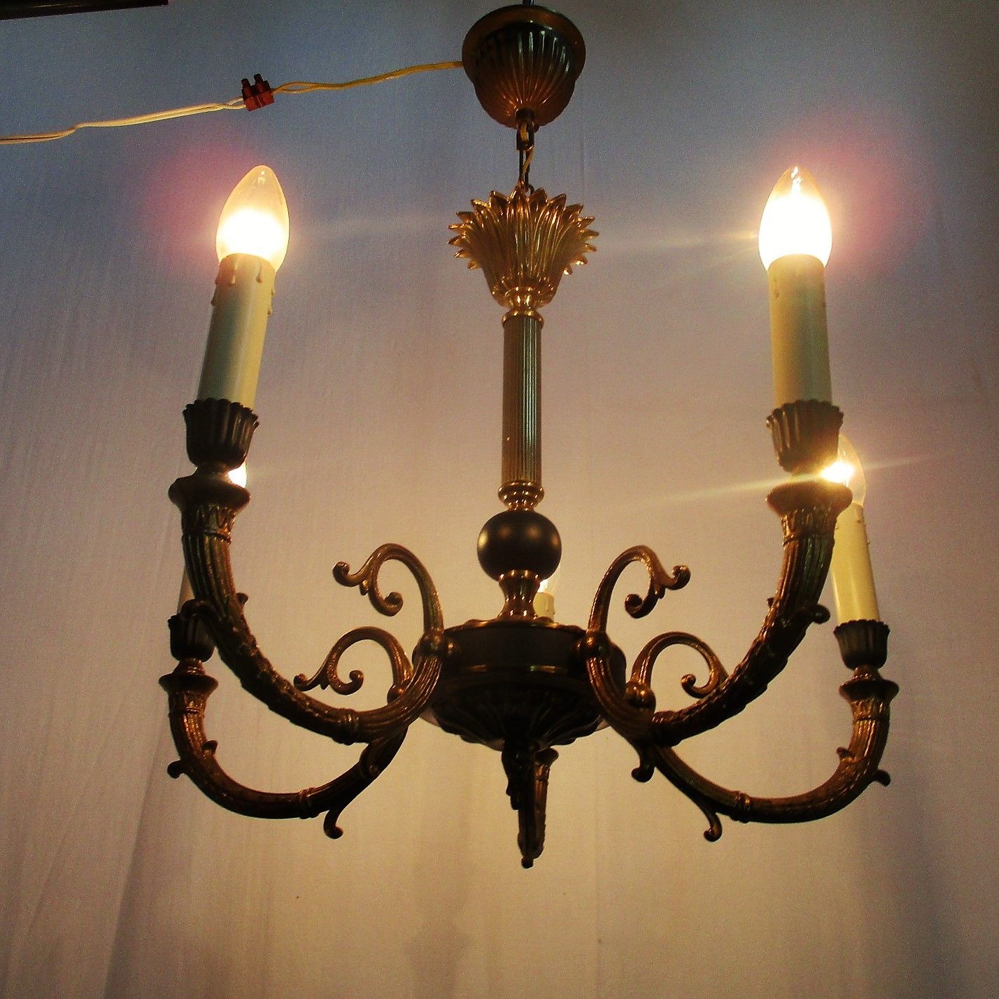 French Empire Pan Chandelier Green Wood Tole Brass 5 Arms Hollywood Regency photo for sale