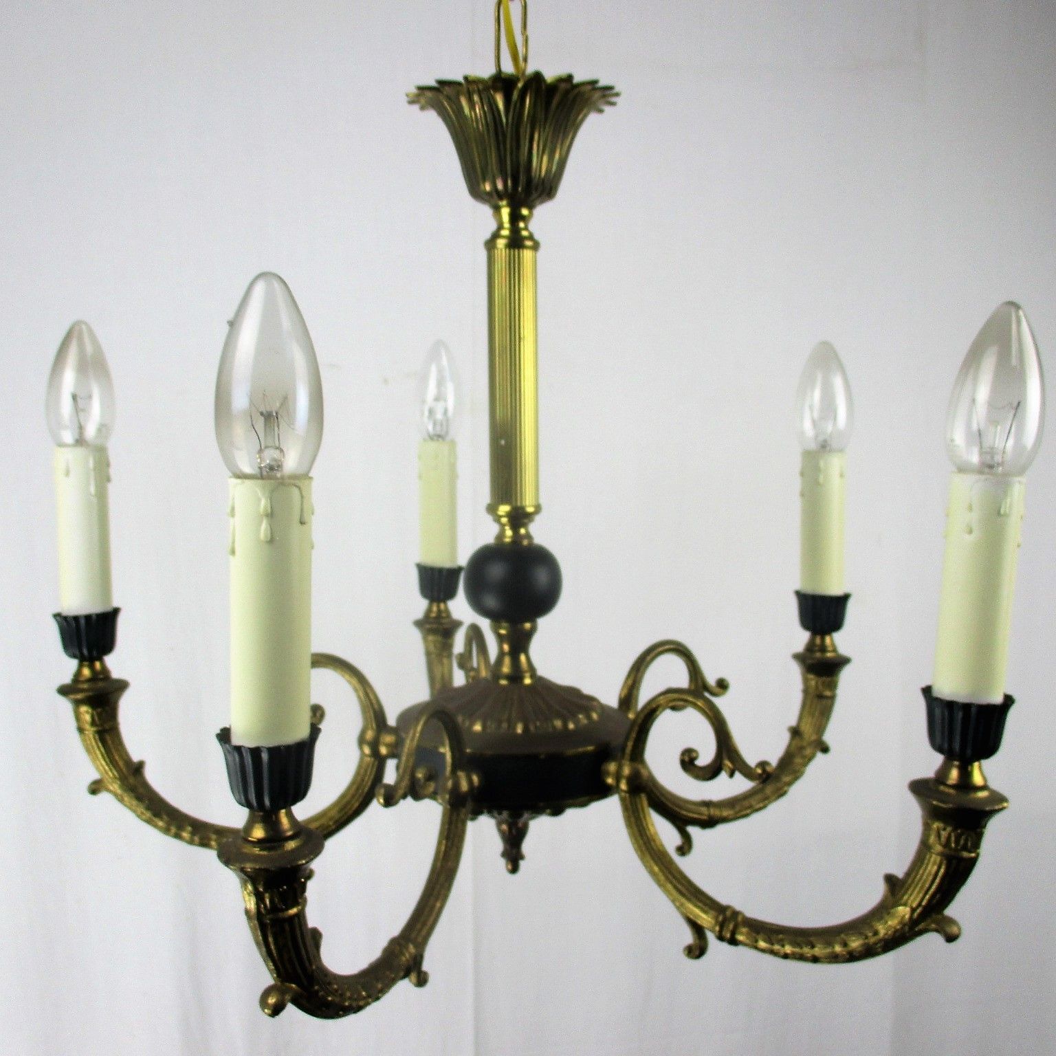 French Empire Pan Chandelier Green Wood Tole Brass 5 Arms Hollywood Regency photo buy