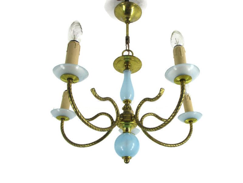 Opaline Baby Blue Brass Chandelier Hollywood Regency Romantic 4 Arm Lights