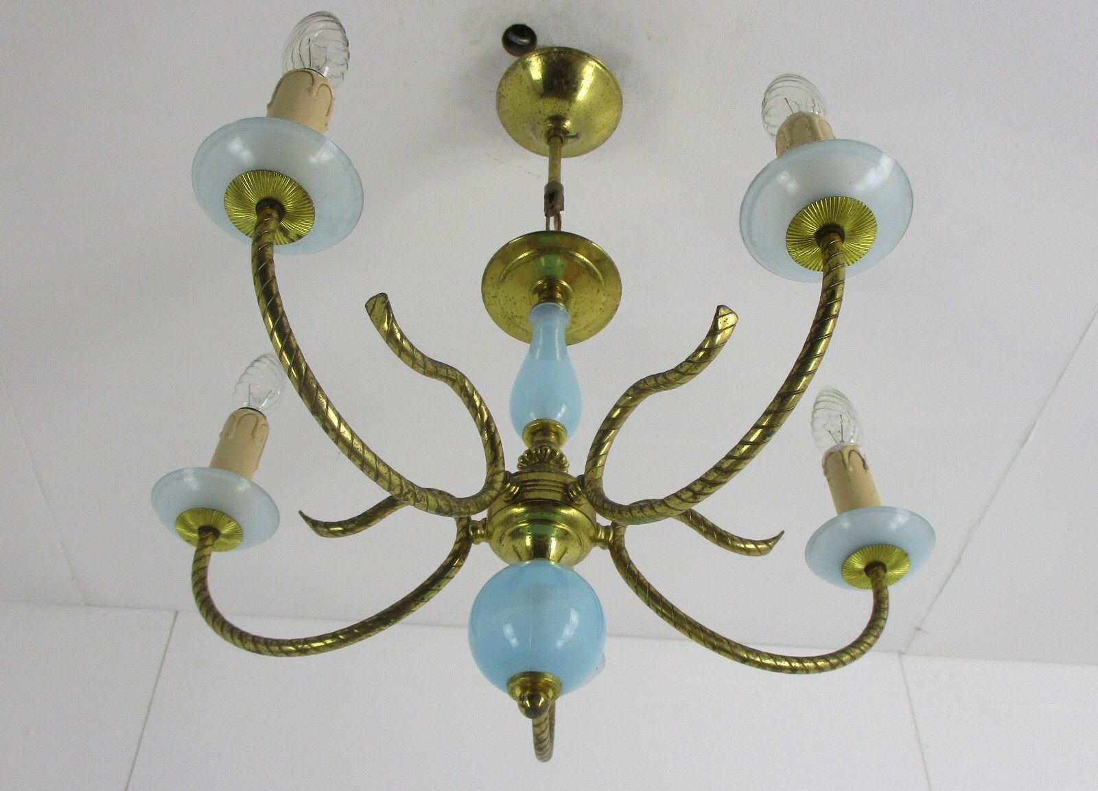 Opaline Baby Blue Brass Chandelier Hollywood Regency Romantic 4 Arm Lights photo 204.0
