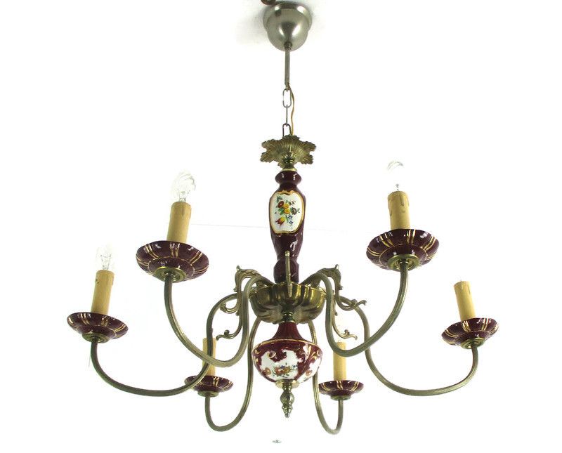 Chandelier 6 Arms Lights Ceramic Porcelain Ceramic Brass Italian Style Flowers