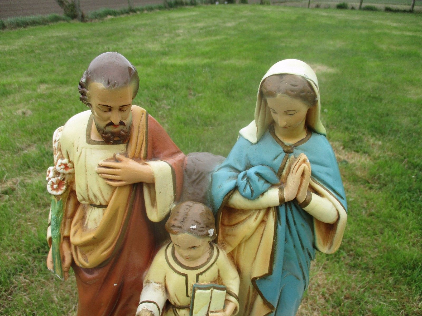 Vintage Chalkware  Saint Joseph Virgin Mary Child  Statuette Painted  Plaster photo for sale