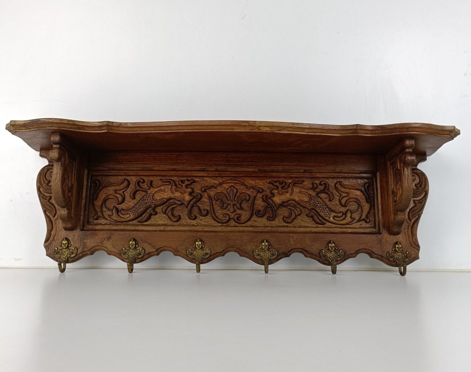 Antique Carved Wood Coat Hat Rack Ornate Etched Hand Carved Wood Oack Angel Hook photo for sale