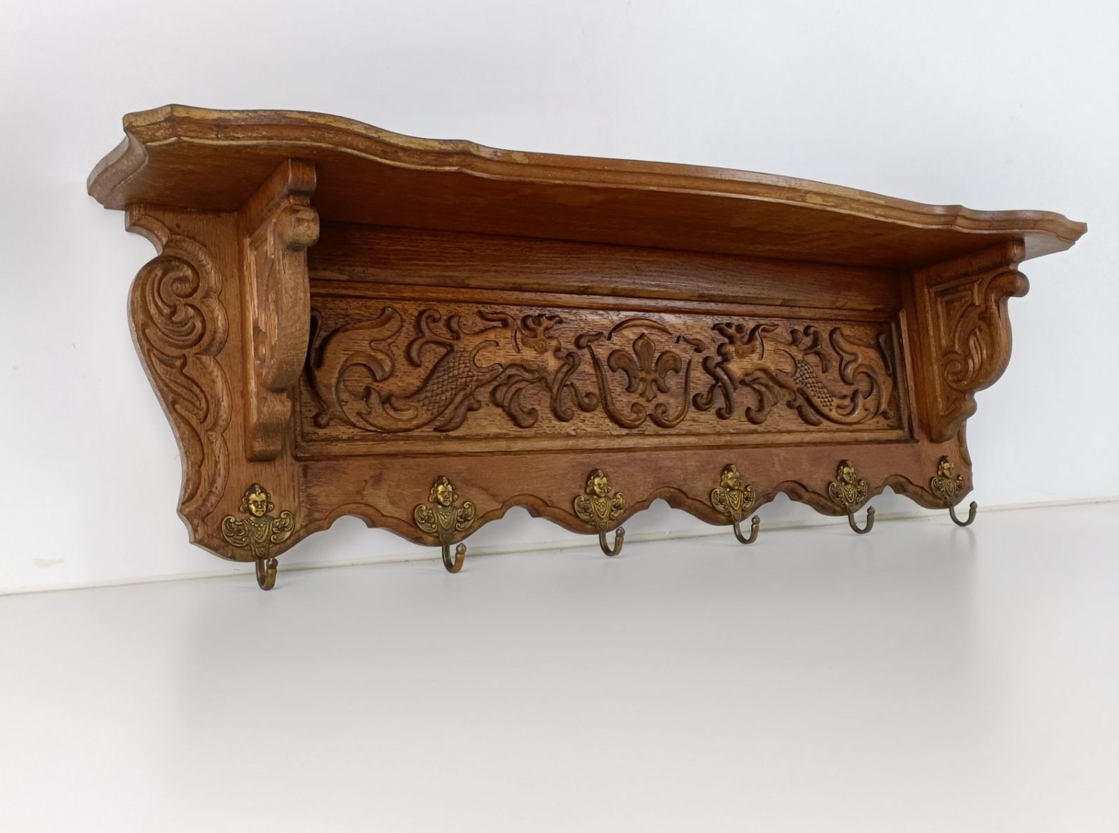 Antique Carved Wood Coat Hat Rack Ornate Etched Hand Carved Wood Oack Angel Hook photo Furniture