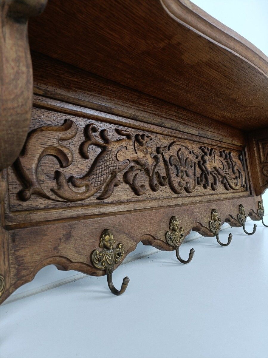 photo for sale Antique Carved Wood Coat Hat Rack Ornate Etched Hand Carved Wood Oack Angel Hook