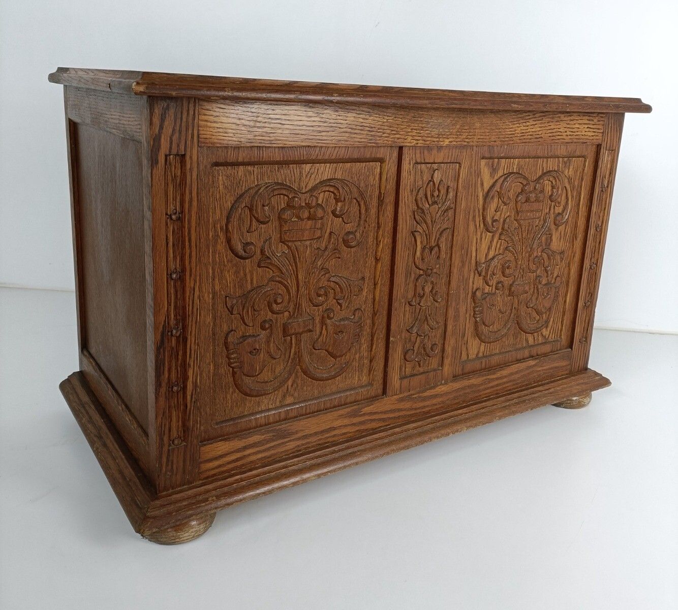 Antique Wedding Chest Flemish French Ornate Hand Carved Wood Fish Fruit Carvings photo for sale
