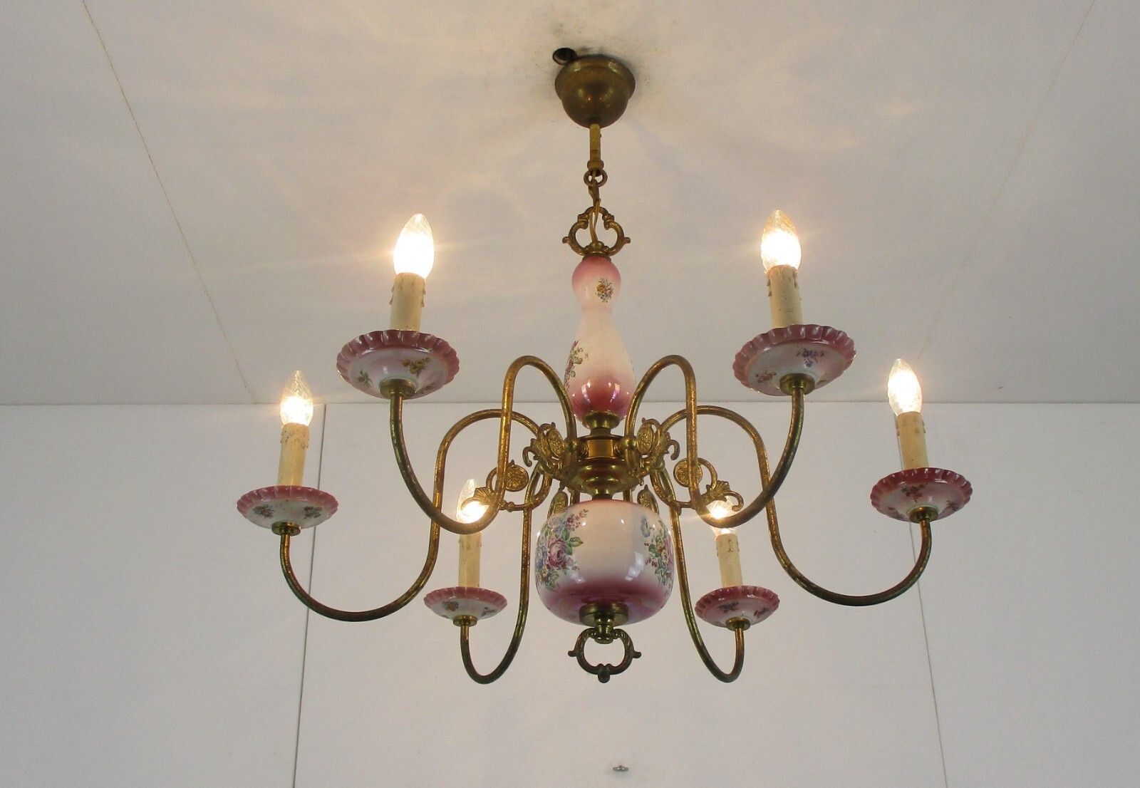 Chandelier 6 Arm Lights Italian  Porcelain Flowers Ornate Brass Mid Century photo furniture