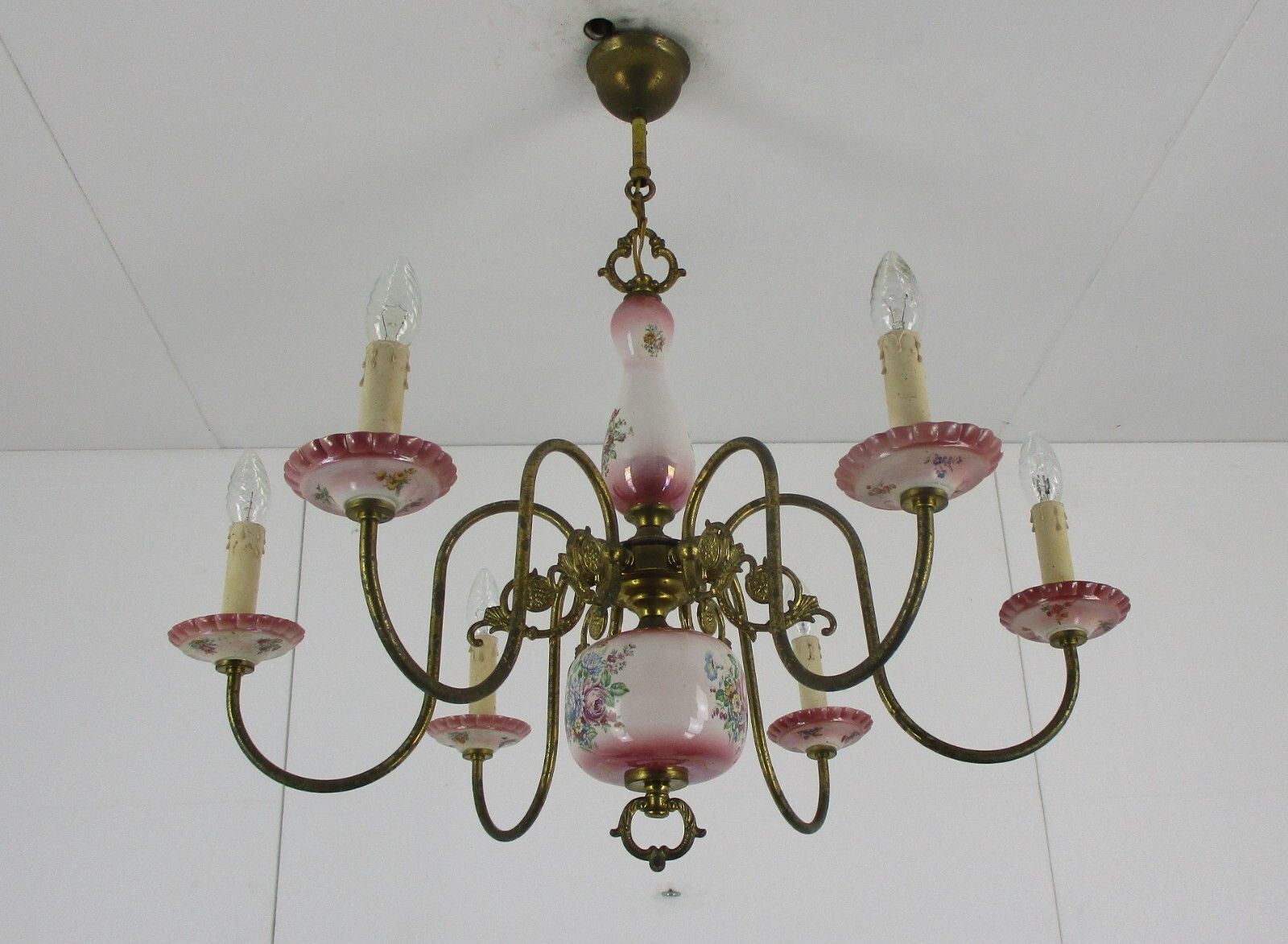 Chandelier 6 Arm Lights Italian  Porcelain Flowers Ornate Brass Mid Century photo 353.0
