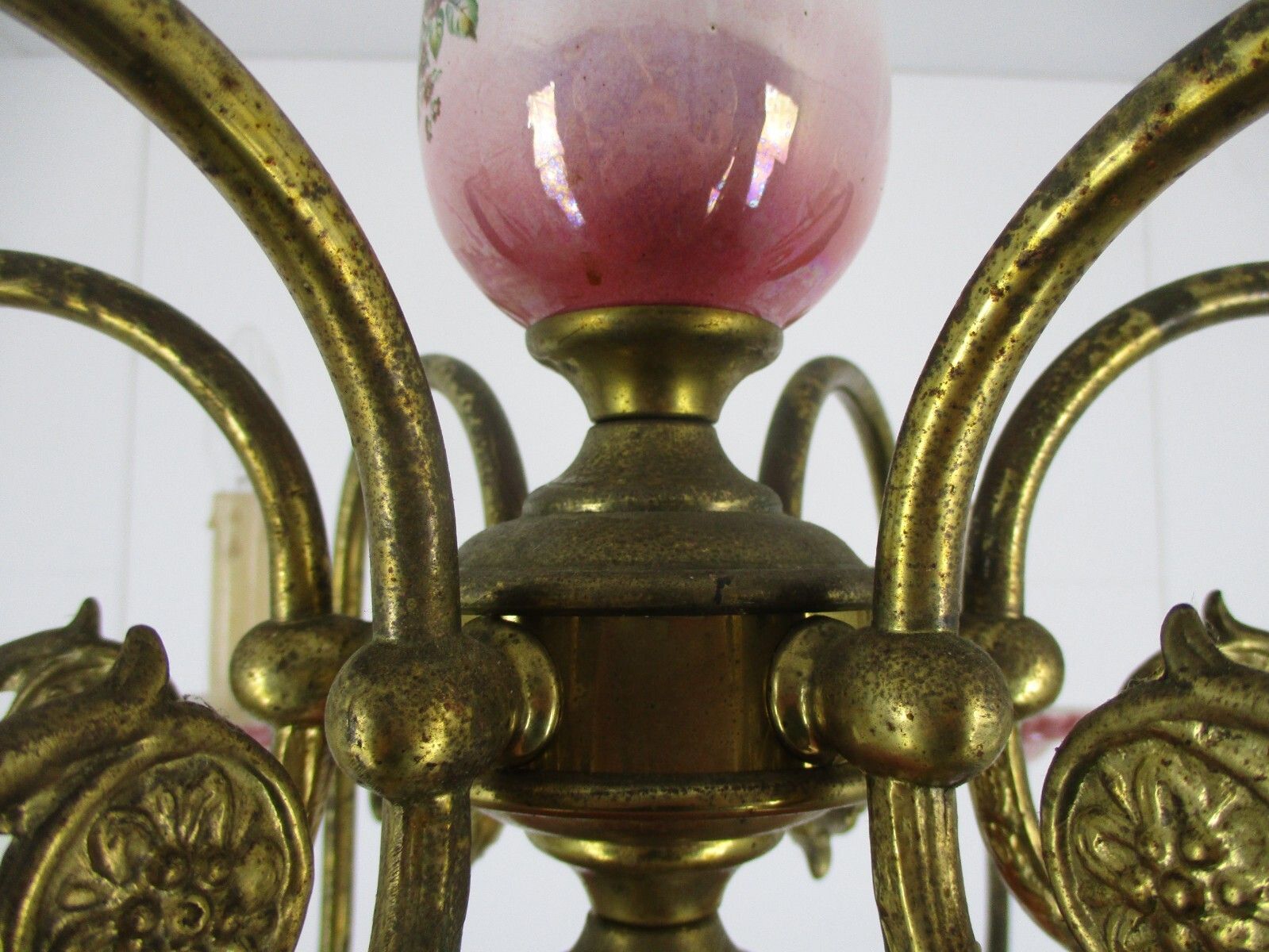 photo for sale Chandelier 6 Arm Lights Italian  Porcelain Flowers Ornate Brass Mid Century