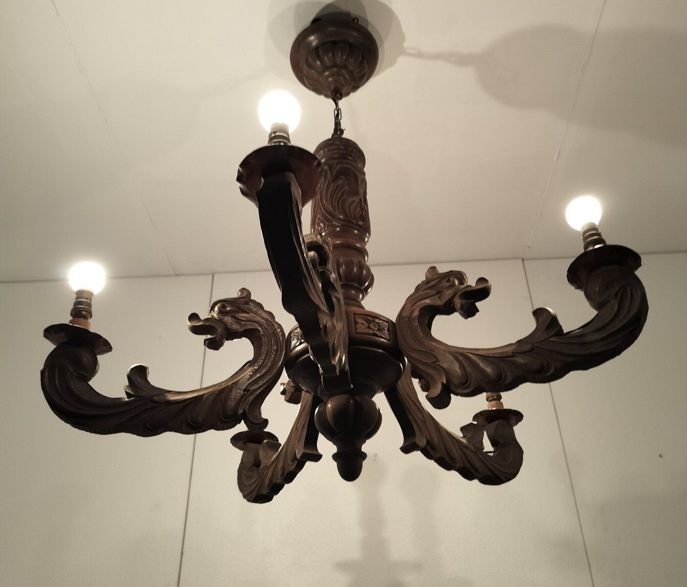 Dragon Gothic Wood Chandelier Hand Carved Wood 5 Arm Lights Gorgeous Wow Vintage photo for sale