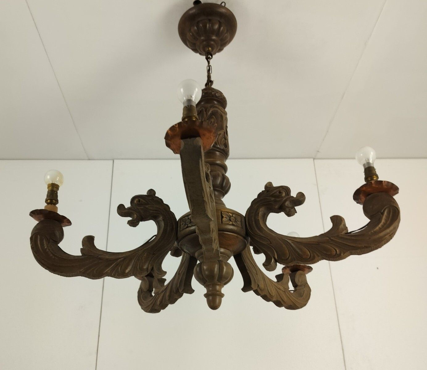 Dragon Gothic Wood Chandelier Hand Carved Wood 5 Arm Lights Gorgeous Wow Vintage photo 607.0