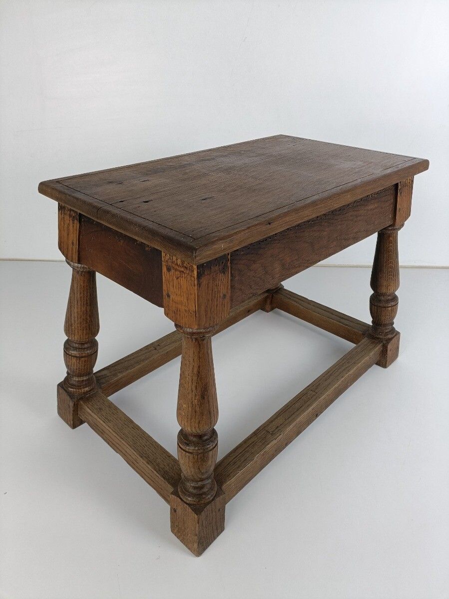 Antique Barn Style Side Table  Oak Carved Tapped Wood Desk Quilting Sewing Table photo for sale