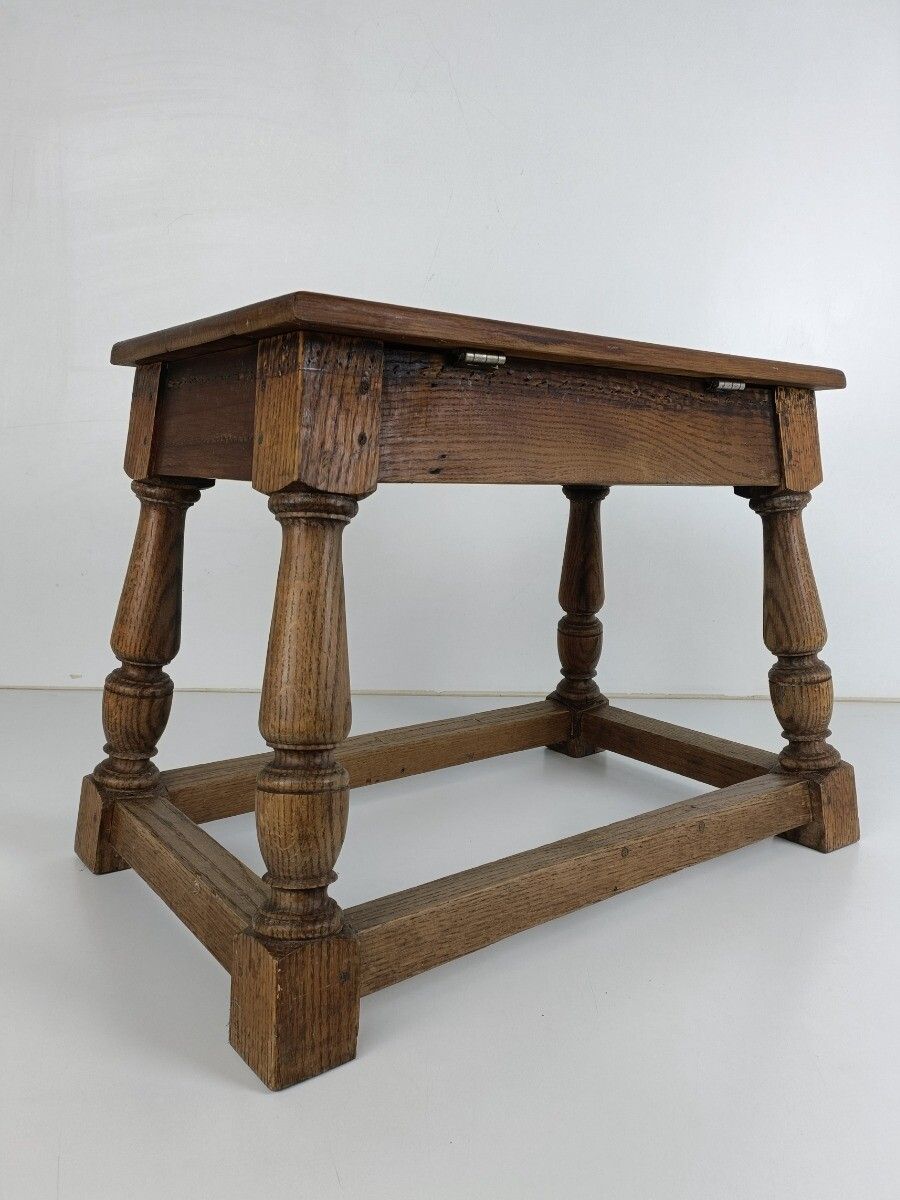 photo furniture Antique Barn Style Side Table  Oak Carved Tapped Wood Desk Quilting Sewing Table