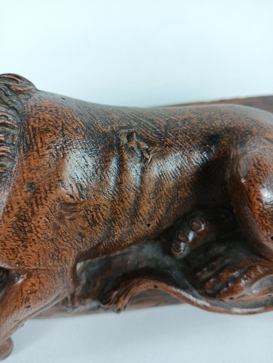 Antique Hand Carved Wooden Wood French Lion Figurine Carving Sculpture 19th Cent photo furniture