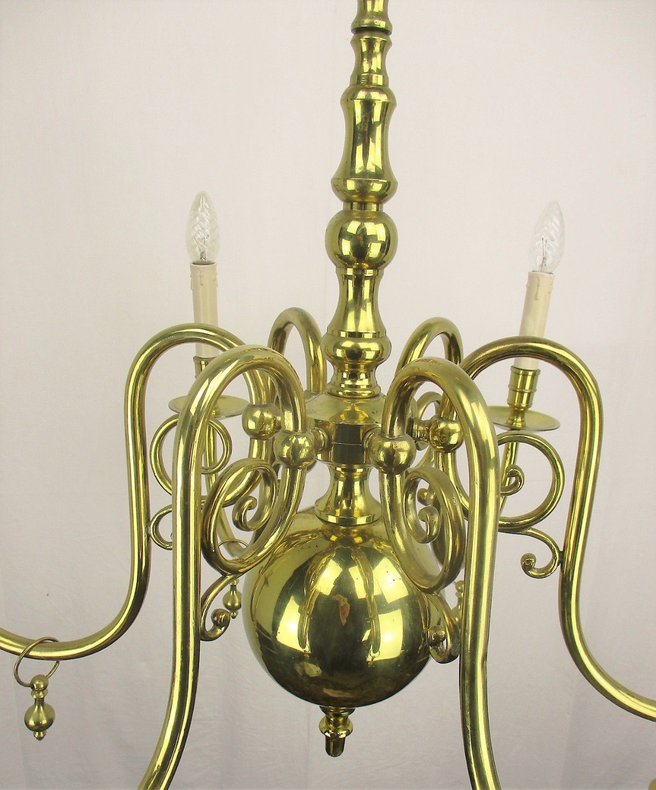 Lovely Brass Chandelier 6 Lights Arms  With Gold Toned Bells Hollywood Regency photo vinterior