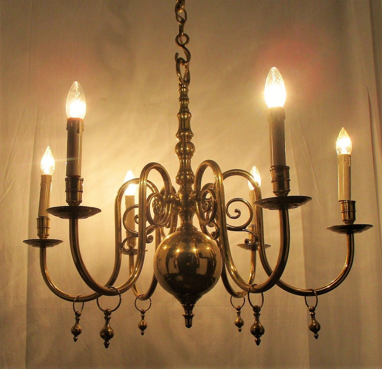 260.0 Lovely Brass Chandelier 6 Lights Arms  With Gold Toned Bells Hollywood Regency photo