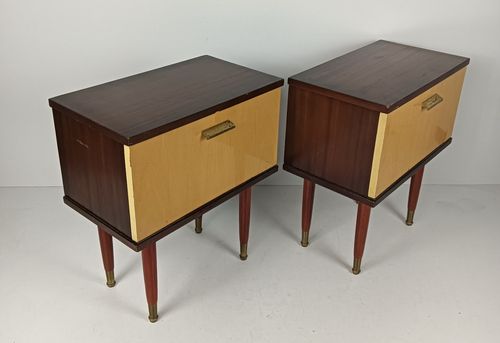 Couple Vintage Nightstands End Tables Cabinets Two Toned Wood Veneer Bedroom Tab photo for sale