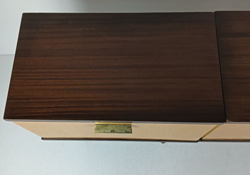 Couple Vintage Nightstands End Tables Cabinets Two Toned Wood Veneer Bedroom Tab photo vinterior