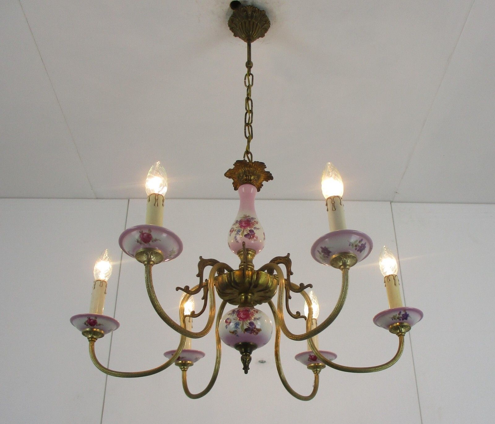 Chandelier 6 Arm Lights Italian  Porcelain Pink Flowers Ornate Brass Mid Century photo furniture