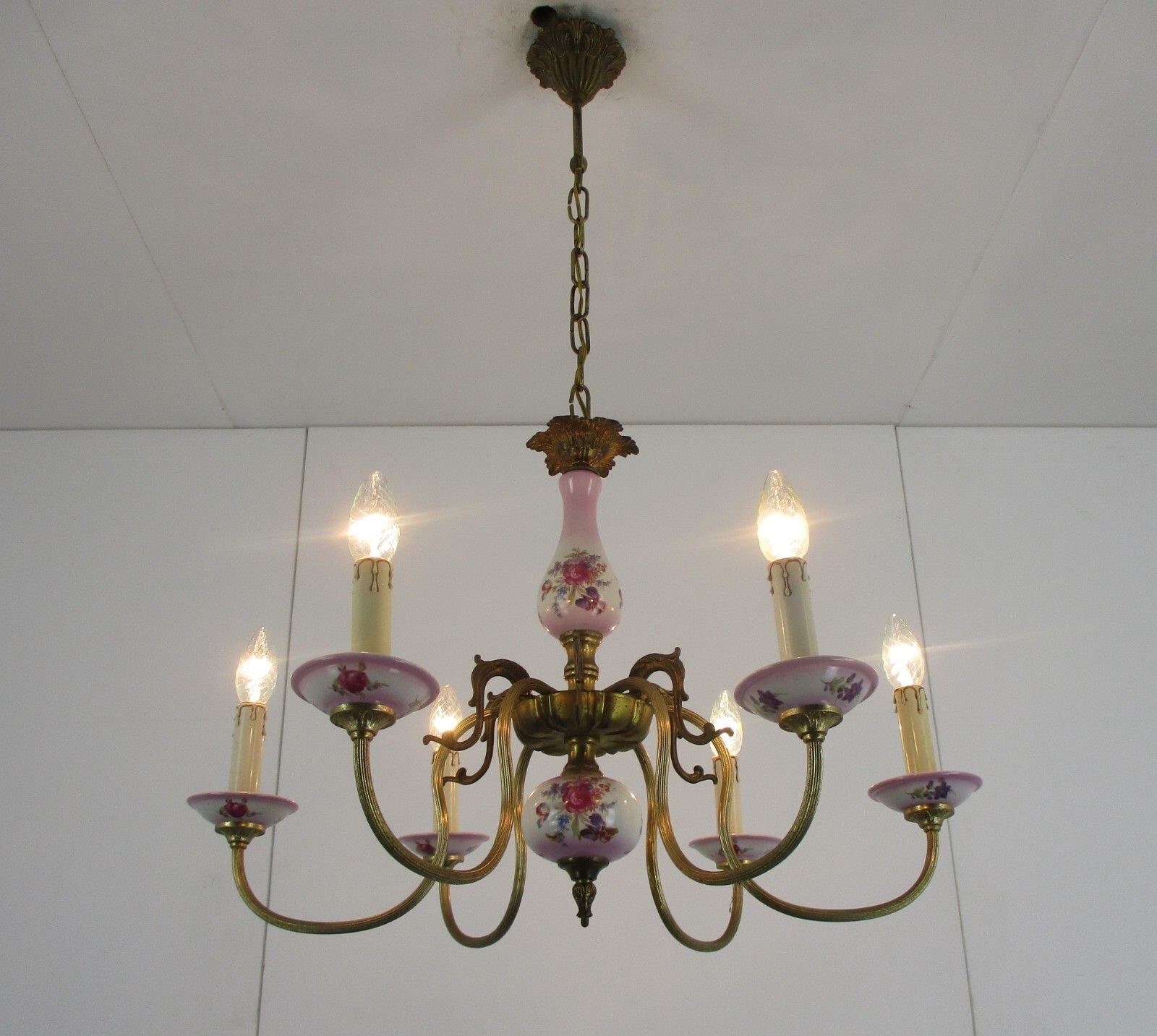 Chandelier 6 Arm Lights Italian  Porcelain Pink Flowers Ornate Brass Mid Century photo for sale