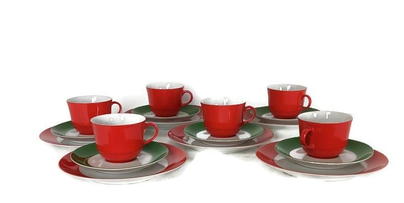 Very Rare Vintage Breakfast Set Green Red Bavaria Wunsiedel Germany 18 Pcs