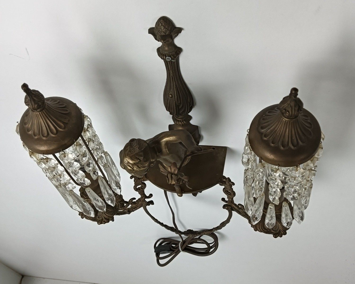 Beautiful Antique Wall Sconces Pair Lights Lamps French Cherub Angels Prisms Bra photo buy